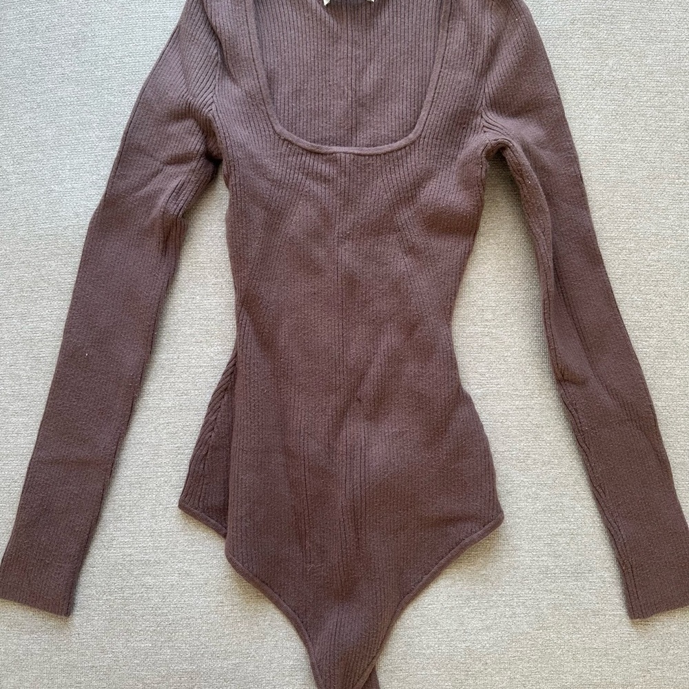 Abercrombie & Fitch Brown Ribbed Long Sleeve Bodysuit